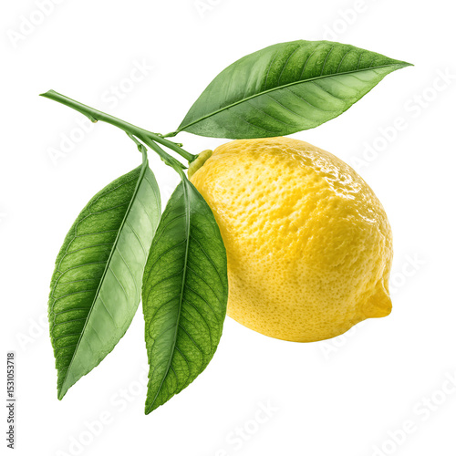 A bright yellow lemon with leaves, isolated on transparent background