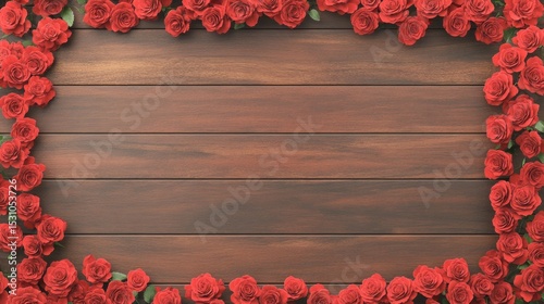 Red Rose Border on Dark Mahogany, elegant fully bloomed roses framing a blank space, polished wood texture enhances depth and contrast.