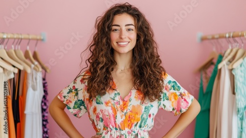 Confident young woman in floral dress, surrounded by stylish clothing racks, soft pink background, relaxed posture, gentle smile.