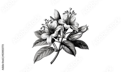 Vintage Erythrina Indica Flower Engraving, vector illustration, tropical foliage, exotic blooms, floral motif, antique botanical drawing, garden plant, decorative flower art.