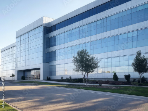 Modern Glass Office Building Exterior Under Blue Sky