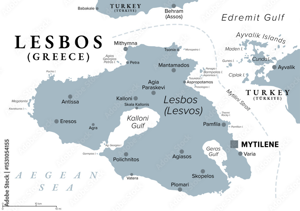 Fototapeta premium Lesbos, Greek island, gray political map. Also called Lesvos, located in the northeastern Aegean Sea, separated from Asia Minor by the Mytilini Strait, and with the capital and largest city Mytilene.