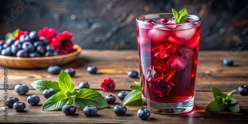 Refreshing Iced Berry Beverage with Mint Garnish on Rustic Wooden Table