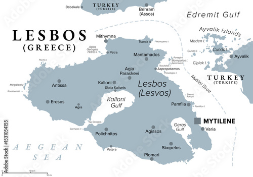Lesbos, Greek island, gray political map. Also called Lesvos, located in the northeastern Aegean Sea, separated from Asia Minor by the Mytilini Strait, and with the capital and largest city Mytilene.