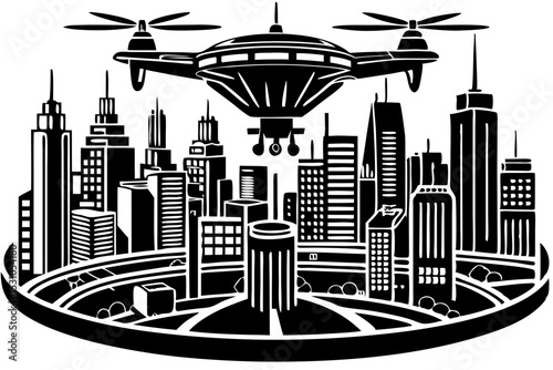 Drone Surveillance Over Futuristic Cityscape, drone, city, surveillance, technology, futuristic, monitoring, visual, fiction, metropolis, progress, imagination, picture, monochrome, innovation, perspe
