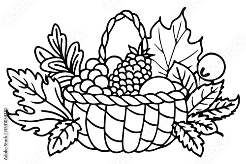 A black and white vector illustration of a wicker basket filled with fruits and leaves