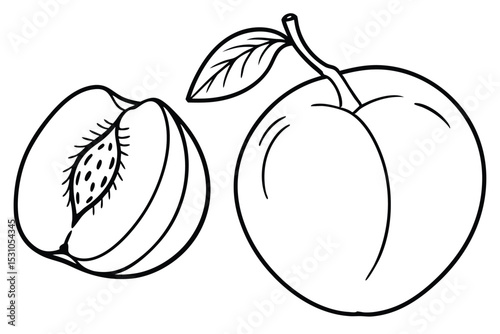 Black and white line drawing of fresh peaches whole and halved depicting a healthy fruit