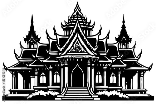 Elegant Black and White Illustration of a Traditional Thai Temple, thai, temple, black, white, architecture, design, serene, spiritual, aesthetic, detailed, ornate, belief, picture, monochrome, religi