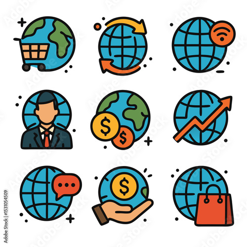 Global Business Icons E-commerce, Communication, Finance