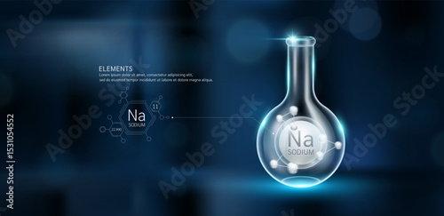 Grey model sodium (Na) molecules in glass beaker sphere test tube on dark background with atomic mass atomic number. Minerals sample science experiment. Scientific research. Vector.