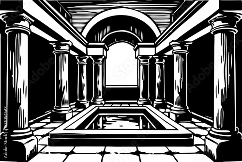Ancient Roman Bathhouse Architectural Illustration, roman, bathhouse, architecture, columns, arches, visual, shapes, aesthetic, picture, monochrome, lines, perspective, sophisticated, shadow, sketch, 