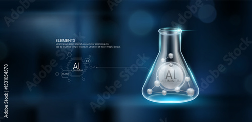 Model Aluminium (Al) molecules in glass beaker triangle test tube on dark blue background. Minerals sample science experiment. Scientific research concept. Vector EPS10.