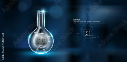 Grey model Silicon (Si) molecules in glass beaker sphere test tube on dark background with atomic mass atomic number. Minerals sample science experiment. Scientific research. Vector.