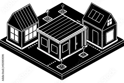 Isometric Illustration of Suburban Houses and Building, isometric, houses, building, suburban, homes, visual, three-dimensional, aesthetic, planning, property, picture, diagram, residential, minimal, 