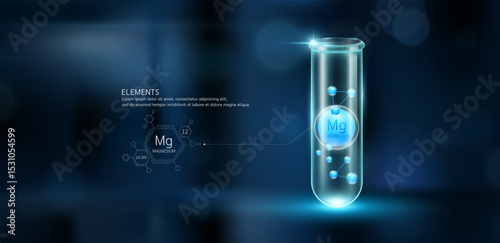 Blue model Magnesium (Mg) molecules in glass beaker test tube on dark blue background. Minerals sample science experiment. Scientific research concept. Vector EPS10.