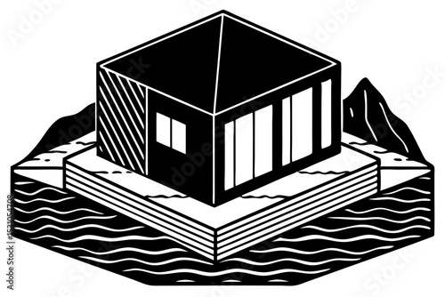 Isometric Illustration of Modern Lakeside Cabin, isometric, cabin, lakeside, architecture, minimalist, property, waterfront, minimal, lines, perspective, contemporary, graphic, geometric, simple, draw