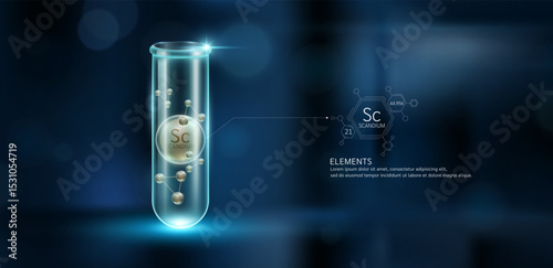Model Scandium (Sc) molecules in glass beaker test tube on dark blue background. Minerals sample science experiment. Scientific research concept. Vector EPS10.