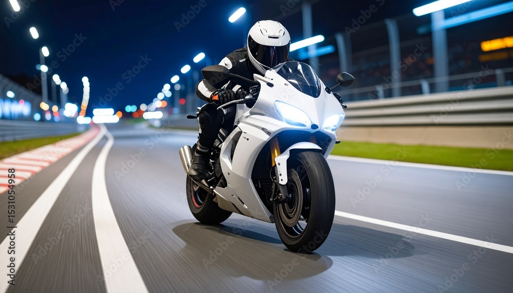 Fototapeta premium A Front and Center Cinematic View of an All-White Motorcycle Racer Speeding with a Motion-Blurred Background and Dramatic Lighting, Showcasing Power, Precision, and High-Speed Racing Intensity