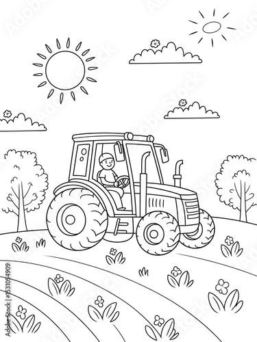 Black and White Line Art Coloring Page Tractor Farmer Driving in Field Sunny Day agriculture