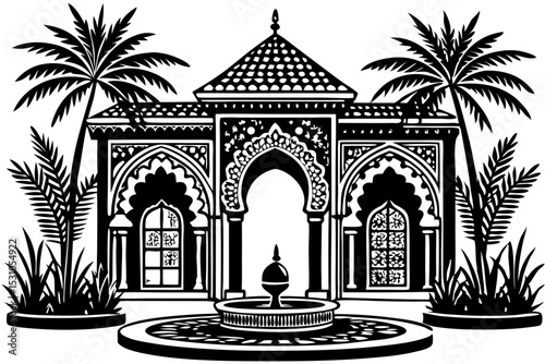 Moorish Architecture Elegant Pavilion with Palm Trees and Fountain, moorish, architecture, pavilion, palm, trees, fountain, serene, aesthetic, islamic, ornamental, property, perfect, monochrome, arabi