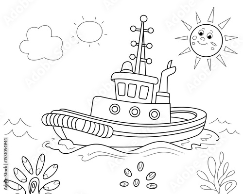 Black and White Line Art Coloring Page Tugboat Ocean Scene Sun Clouds Seaweed Kids Activity water