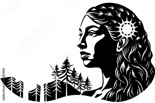 Woman's Profile with Forest Landscape Black and White Illustration, woman, profile, forest, landscape, mythology, tale, powerful, visual, serene, mysterious, mystery, imagination, feminine, fairy, mon