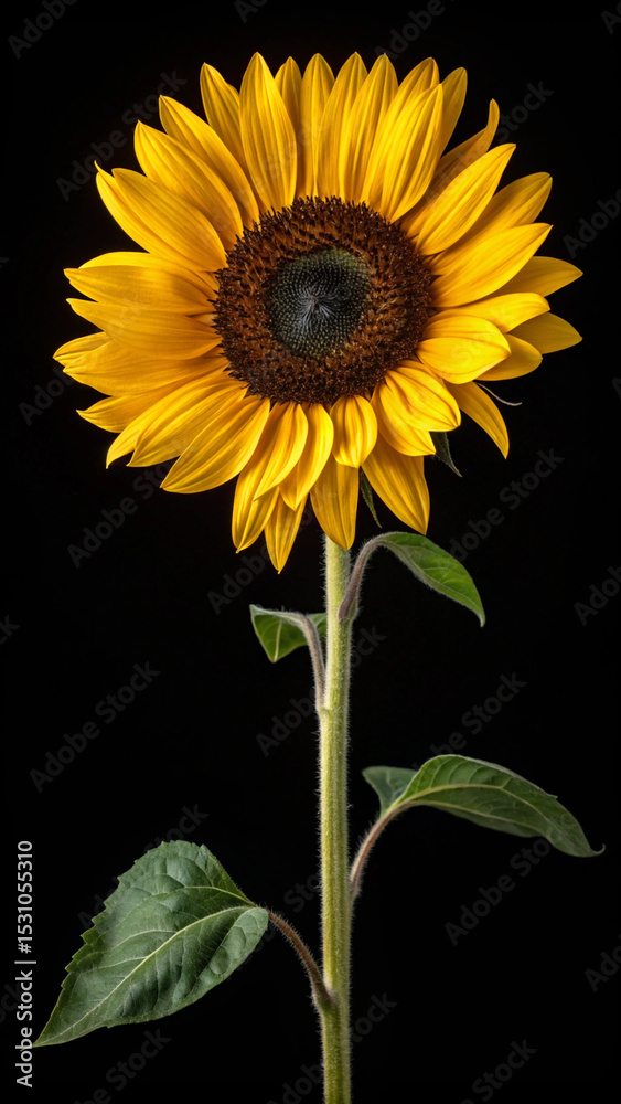 Naklejka premium Vivid sunflower illuminated by natural light against a deep black background