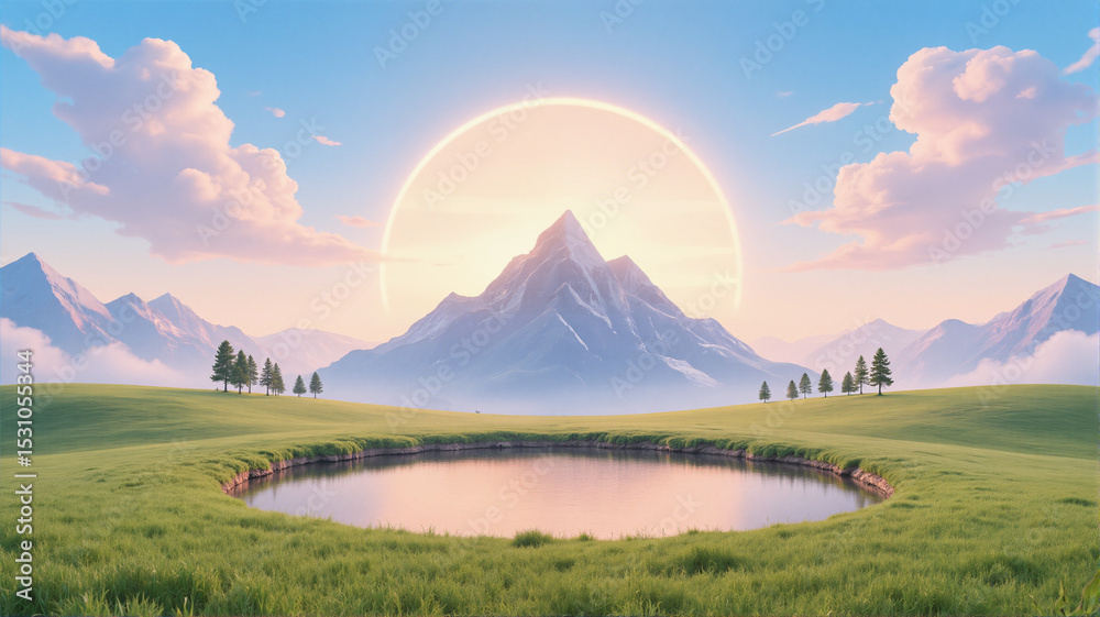Obraz premium An illustration of mountains trees and grassy fields