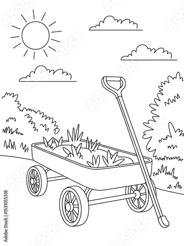 Black and white line art drawing of a childs wagon filled with grass a shovel and a sunny outdoor scene kids coloring page