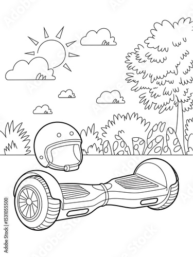 Black and white line art drawing of a hoverboard and helmet outdoors sunny day kids coloring page image
