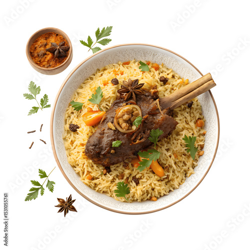 Braised lamb shank with spiced rice, isolated on transparent background