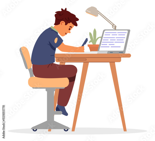 School boy studying at home making homework sitting at desk and writing flat vector illustration isolated on white.