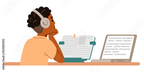 African American school boy in earphones studying at home making homework sitting at desk with textbook and laptop flat vector illustration isolated on white. Primary school kid studying online