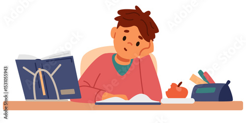 Primary school boy studying sitting at desk and reading flat vector illustration isolated on white.