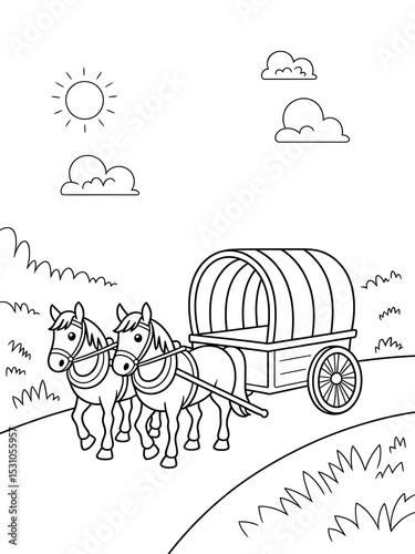 Black and White Line Art Drawing of Two Horses Pulling a Covered Wagon on a Sunny Day Kids Coloring Page