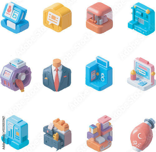 3D Business & Technology Icon Set - Colorful Cartoon Isometric Office Tools
