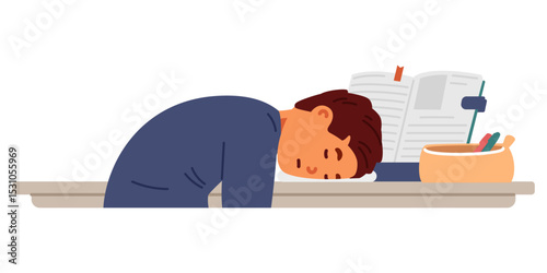 Primary school boy fell asleep at desk during studying and making homework at home flat vector illustration isolated on white.