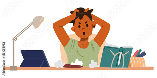 African American angry primary school boy studying at home having problems with homework sitting at desk flat vector illustration isolated on white. 