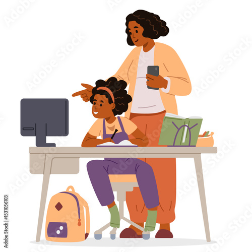 African American mother and primary school daughter making homework together at home looking at computer screen flat vector illustration isolated on white.