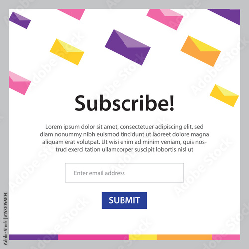 Subscribe to our newsletter web banner template. Email subscribe, online newsletter, submit button. Envelope and subscribe button. UI UX design. Vector illustration.