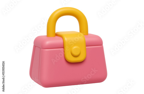 minimal pink handbag with yellow handle and button, cute girly shopping icon in 3d, png, transparency