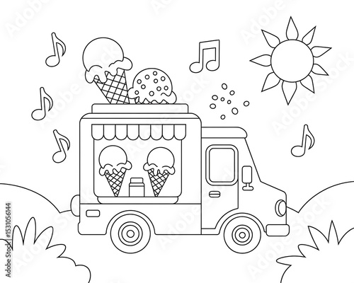 Black and White Line Art Ice Cream Truck Coloring Page with Ice Cream Cones Sun and Musical Notes illustration 1