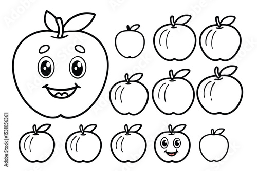 Outline illustrations of apples including a smiling cartoon apple and other fresh fruit designs