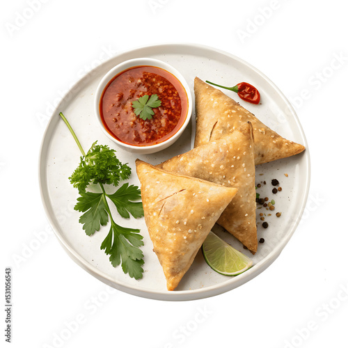 Golden samosas with spicy dipping sauce and fresh herbs