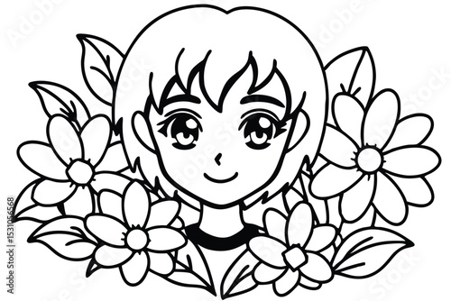 Charming anime girl surrounded by delicate flowers black and white line art for coloring pages