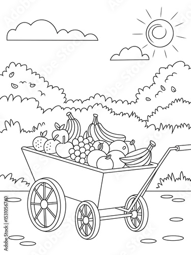 Black and White Line Art of a Wheelbarrow Filled with Fruit in a Sunny Landscape Kids Coloring Page cart