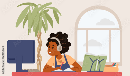 African American school girl in earphones studying at home sitting at desk and looking to computer screen flat vector illustration. Primary school kid studying online or homeschooling.