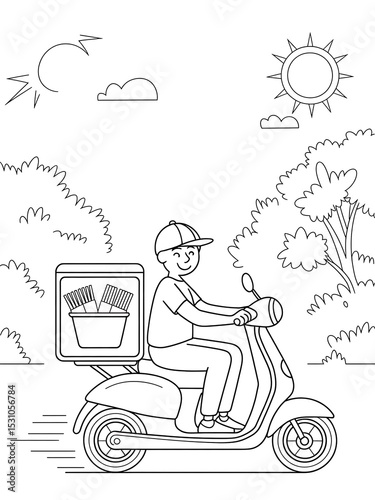 Black and White Line Art of Food Delivery Person on Scooter Kids Coloring Page image