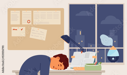 Primary school boy fell asleep at desk in his room during studying and making homework flat vector illustration.