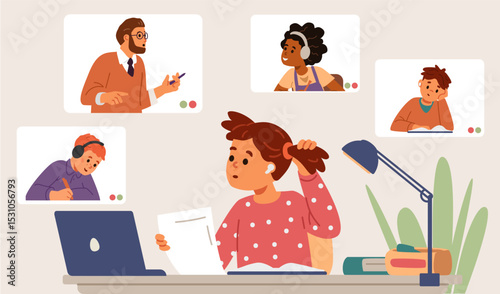 Primary school girl in earphones sitting at desk at home studying online looking to computer screen with teacher and other students flat vector illustration.
